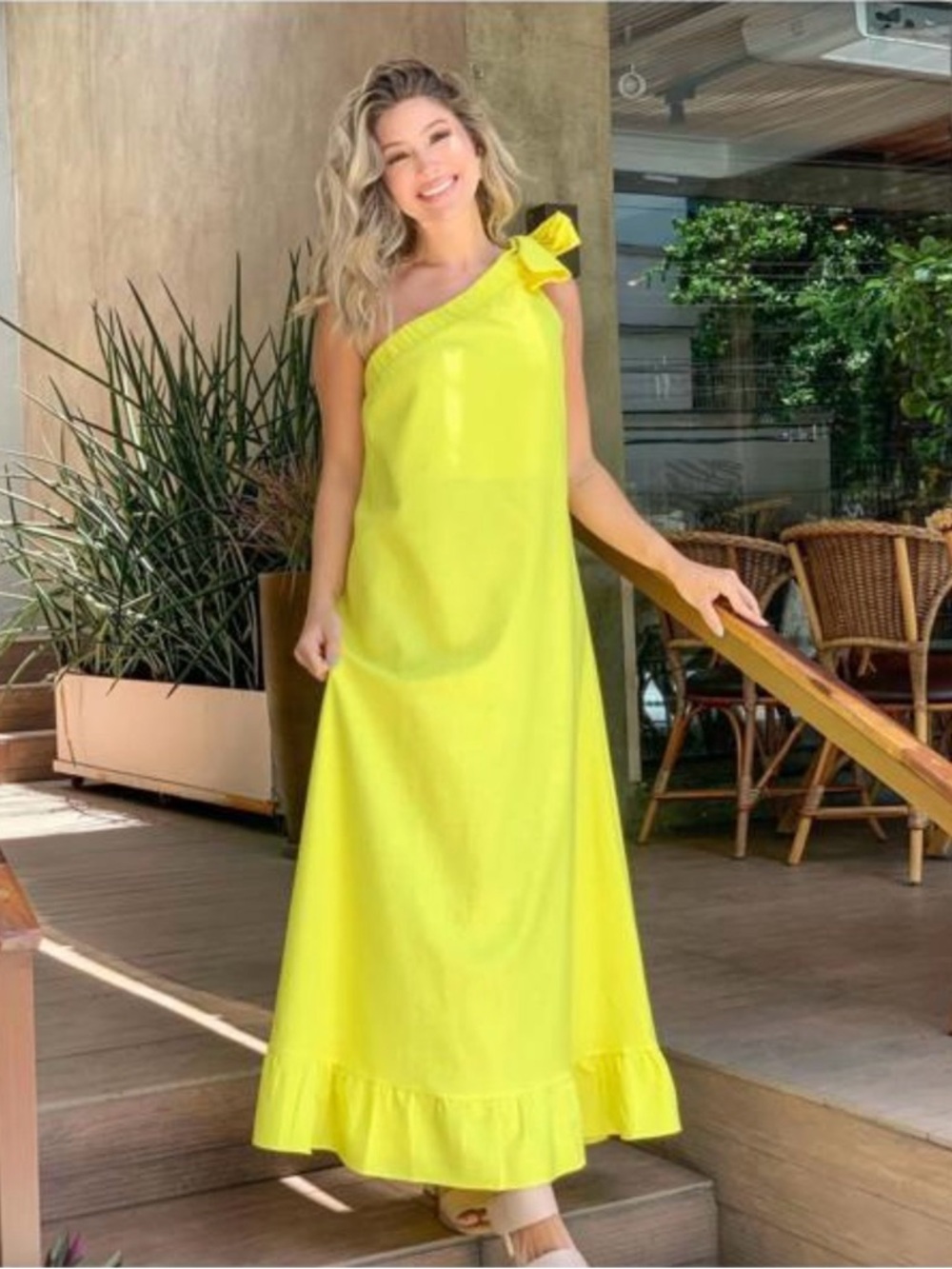 Yellow One Shoulder Maxi Dress Resort Vacation Cruise Small